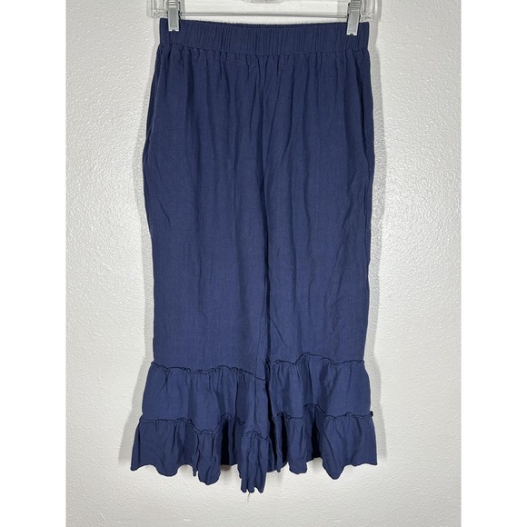 The Unbranded Brand Pants - Ruffle Hem Pants Womens Medium Navy Culottes Cropped Elastic Waist Pockets